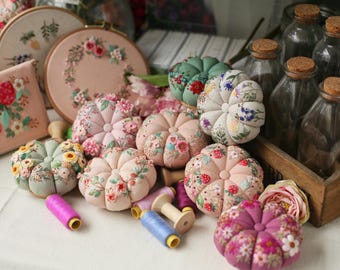 Handmade floral embroidered pin cushion, Handmade Round Pumpkin Pincushion, Pin Accessory, Pin Keeper, for who love embroidery