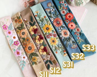 Floral Embroidered Wide Headband: Vintage Boho Linen Turban, Thanksgiving Gift.