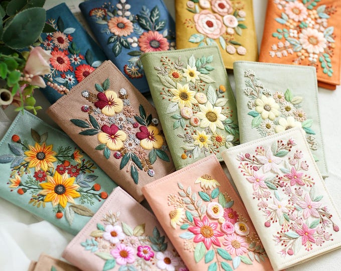 Handmade Embroidered Linen Passport Cover: Vintage Floral Travel Gift, Thanksgiving Gift.