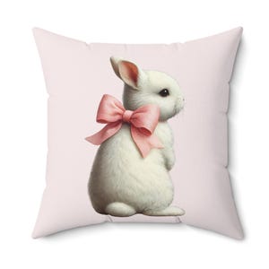 Bunny Pillow Cover: Petal Pink Rabbit with Bow - Cottagecore Easter Decor (Insert + Cover)