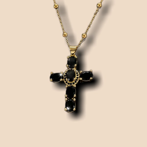 Very beautiful cross adjustable gold necklace set with black zircons baroque haute couture style