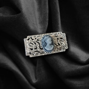 Peut inclure: Broche argentée de forme rectangulaire, ornée de cristaux transparents et d'un camée ovale. Le camée représente le profil d'une femme en bleu clair. La broche a un design ajouré.