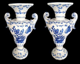 Très beau vase 1950 amphore faïence décors fleuris bleu indigo collection