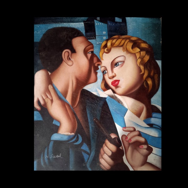 Tableau peinture à l'huile 60x50 reproduction de "idylle,le départ" 1931 de T. Lempicka signé par N. Sierel peintre Français (1980)