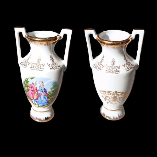 2 très beaux vases Amphore 2 anses miniature porcelaine fine ancienne de Limoges doré à l'or fin signées Fragonard collection