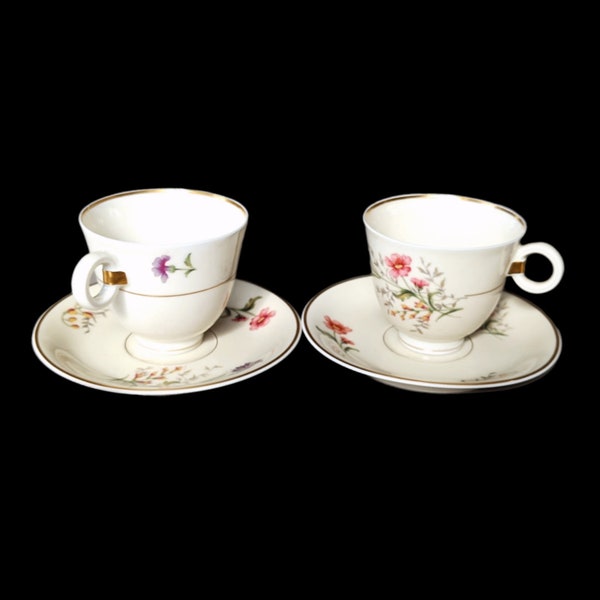 Rare magnifique duo de petites tasses avec anse et sous tasse en porcelaine fine authentique A.Vignaud coup de coeur assuré