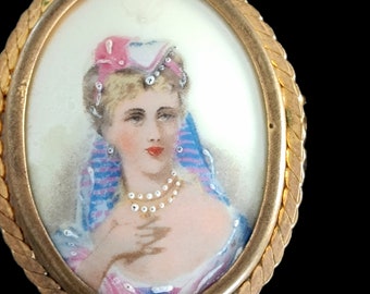 Rare très belle broche antique plaqué or porcelaine collection Made in France