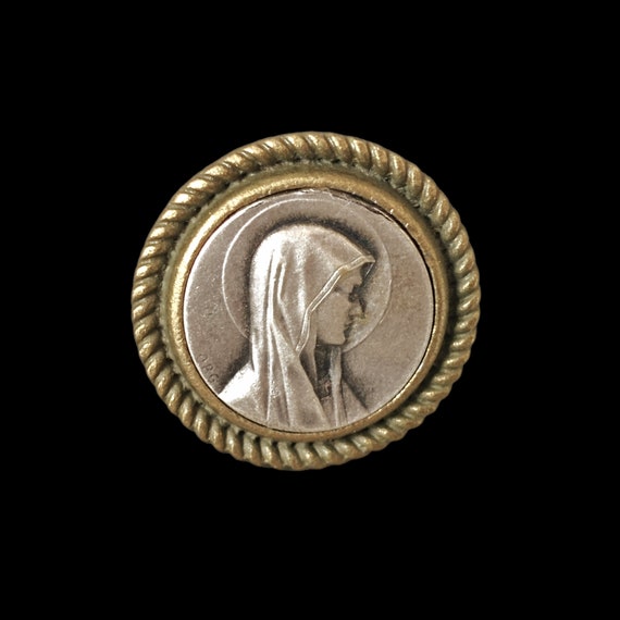 Bague ajustable en laiton/bronze médaille Vierge Marie argent obc