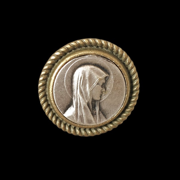 Bague ajustable en laiton/bronze médaille Vierge Marie argent obc vintage collection