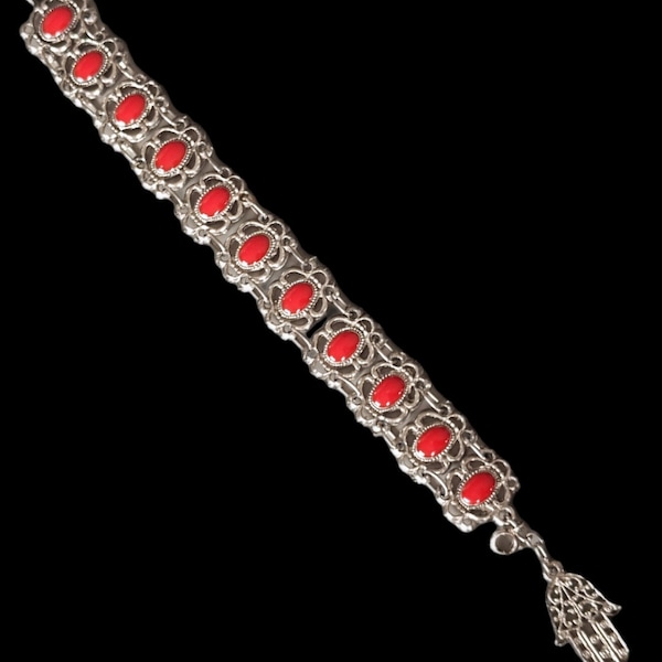 Très beau bracelet vintage main de Fatima en argent sterling ajouré pierres rouges cabochons collection