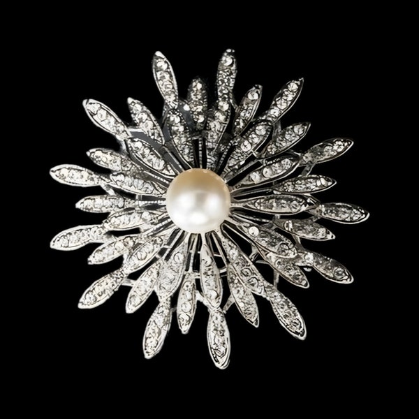 Magnifique grande broche soleil ou fleur à votre guise neuve couleur argent sertie strass "diamants" et sa perle blanc nacré collection