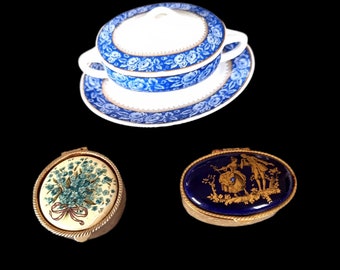 3 très belles petites boîtes à bijoux anciennes esprit Fragonard métal doré et porcelaine estampillée PA Art époque 1950/60 made in France