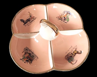 Plato de aperitivo raro y muy bonito con compartimentos de color beige rosa y bordes dorados Villeroy & Boch 1950 con decoraciones antiguas muy bonitas: ¡un favorito garantizado!