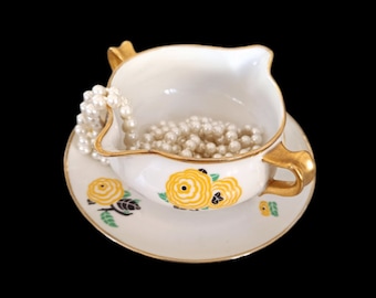 Rare magnifique saucière ou coupelle à bijoux vintage 1930 Art déco porcelaine décors fleuris de Limoges estampillée PP pour collectionneur