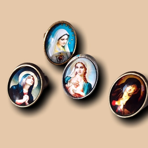 Très belles grandes bagues cabochon images de la Vierge Marie ajustables aux choix coup de cœur assuré !