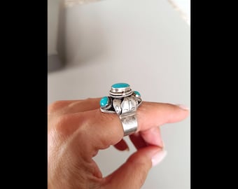 Magnífico anillo pastillero auténtico en plata y turquesa ajustable vintage, hecho a mano, estampado México, favorito garantizado!