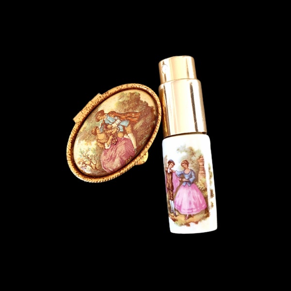 Ensemble boite à bijoux ( pilulier ) et rare son authentique vaporisateur porcelaine fine de limoges couleur or scènes Fragonard époque 1950