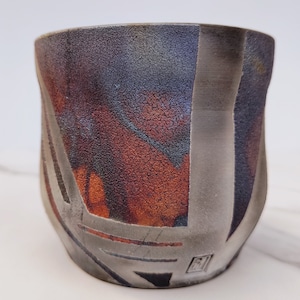 Raku Vase, Geometric, Rainbow