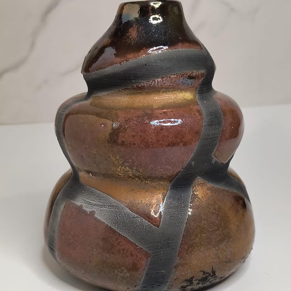 Raku Vase, Geometric, Organic Curvy Shape