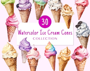 Conos de helado de acuarela / Paquete de helado / Helado PNG / Helado Clipart / Postre / Dulces / Descarga digital / Uso comercial
