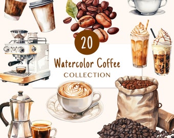 Café aquarelle | Lot de café | Café PNG | Clipart café | Boissons chaudes | Nécessités de café | Téléchargement numérique | Utilisation commerciale