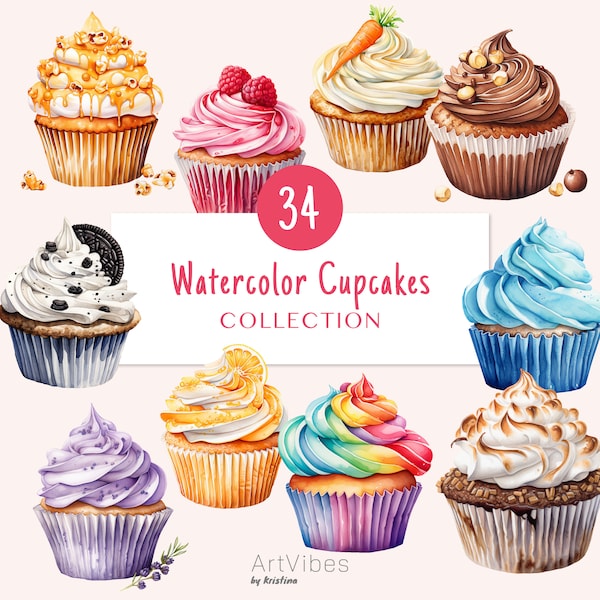 Watercolor Cupcakes | Cupcakes Bundle | Cupcake PNG | Cupcakes Clipart | Dessert Clipart | Sweets | Digital Download | Commercial Use