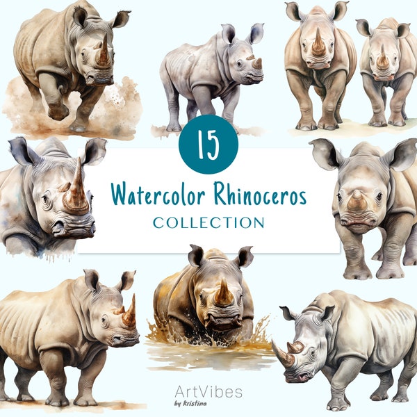 Watercolor Rhinoceros | Rhino Bundle | Rhino PNG | Safari Animals Clipart | Cute Rhino Portrait | Digital Download | Commercial Use