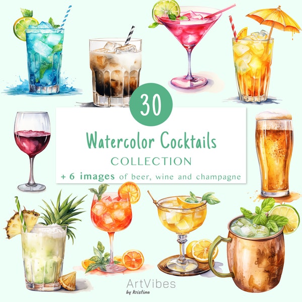 Cocktails à l'aquarelle | Ensemble de cocktails | Cocktail PNG | Cocktail Clipart | Boissons d'été | Téléchargement numérique | Un usage commercial