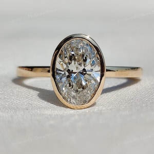 2.0 Ct Oval Lab Diamond Engagement Ring: 14K Yellow Gold Bezel Solitaire