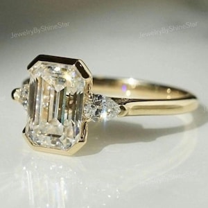 Emerald Cut Lab Grown Diamond Engagement Ring: 14K Gold Bezel Set Three Stone