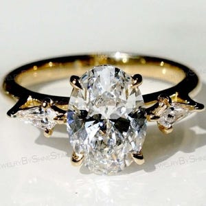 2.50 Ct Three Stone Oval Cut Lab Grown Diamond Engagement Ring-Trillion Side Stones-14K Yellow Gold Ring-Oval Lab Diamond Ring-Porposal Ring