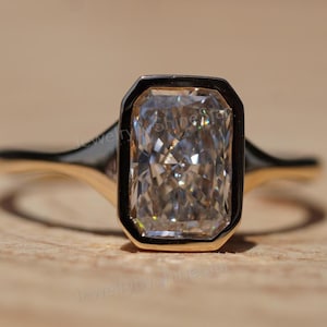 2.50CT Radiant Cut Lab Grown Diamond Engagement Ring: 14K Gold Bezel Solitaire