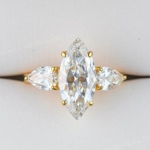 2.00 CT Marquise Cut Lab Grown Diamond Engagement Ring-Three Stone Wedding Ring-Anniversary Gift For Her-14K Yellow Gold Diamond Ring