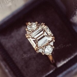 Emerald Cut Lab Grown Diamond Ring: 1.80 CT, 14K Gold Three Stone Engagement Ring