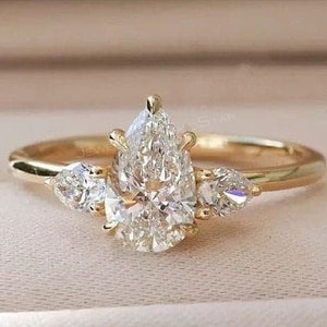 Pear Cut Lab Grown Diamond Ring: 14K Gold Three Stone Engagement Ring