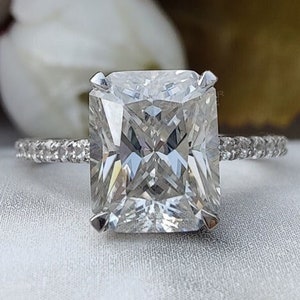 3.60 Ct Radiant Cut Lab Grown Diamond Engagement Ring: 14K White Gold Hidden Halo