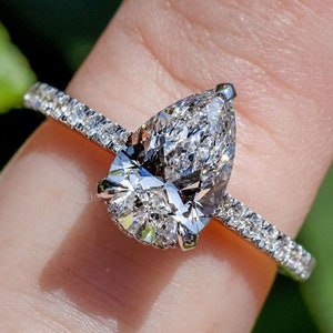 IGI Certified 2.00 Ct Pear Cut Lab Grown Diamond Solitaire With Accents Engagement Ring/ Round Diamond Hidden Halo Ring/14K White Gold Ring