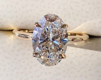Certified 3.00 Ct Oval Cut Lab Grown Diamond Solitaire Engagement Ring/ 14K Solid Yellow Gold Hidden Halo Wedding Ring/Proposal Ring For Her