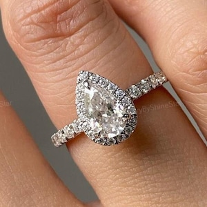 Pear Lab Grown Diamond Engagement Ring: 1.50 Ct, 10K White Gold Halo Ring