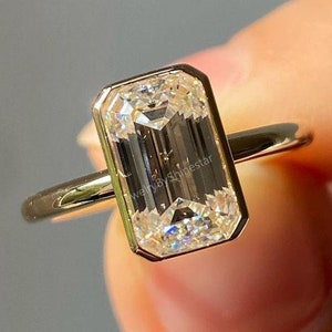 IGI Certified 3.00 Carat Emerald Cut Lab Grown Diamond 14K Yellow Gold Bezel Set Solitaire Engagement Ring For Her-Wedding/Anniversary Ring