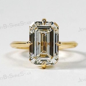 Emerald Cut Lab Grown Diamond Solitaire Engagement Ring-14K Yellow Gold Engagement Ring-Minimalist Emerald Diamond Ring, Hidden Halo Diamond