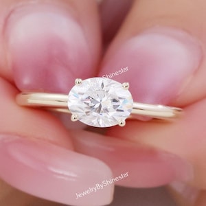 East West 1.00 CT Oval Cut Lab Grown Diamond 10K Solid Yellow Gold Solitaire Engagement Ring For Women-Wedding Ring-Bridal Ring-Promise Ring