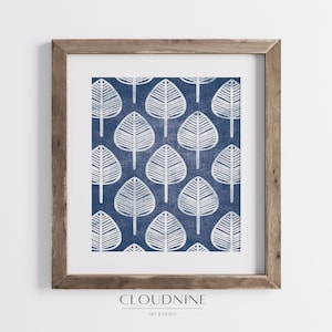 White Leaves Pattern Print, Mosaic Blue Wall Art, Vintage Tapestry Leaves Design Wall Art, Blue Botanical Wall Art Digital Download- AW05