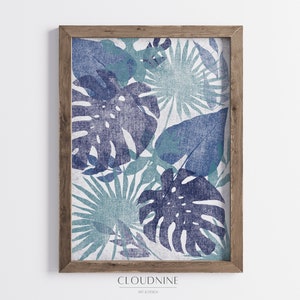 Tropisch regenwoud bladeren afdrukbare muurkunst, 2-delige wanddecoratie, botanische woondecoratie, marineblauwe en groene botanische digitale download, AW68