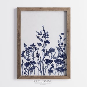 Fiori di campo blu navy stampabili, arte vintage minimalista, arte della parete blu navy, arte moderna della parete della fattoria moderna Download digitale - AW92