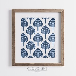 Blue Leaves Pattern Print, Mosaic Blue Wall Art, Vintage Tapestry Leaves Design Wall Art, Blue Botanical Wall Art Digital Download- AW06