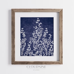 White Wildflowers Print, Navy Blue Wall Art, Floral Wall Art, Blue Botanical Wall Art Digital Download- AW03