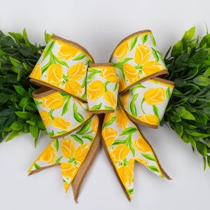 Yellow Tulip Bow with Greenery | Spring Summer Wreath Bow | Floral Ribbon Door Decor | Farmhouse Style Decoration | Country Style Ribbon