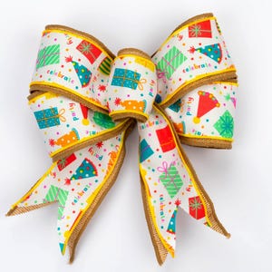 Colorful Celebration Gift Bow | Party Ribbon with Presents and Hats | Birthday or Holiday Decor |  Striped Bow | Wreath Topper | Farmhouse
