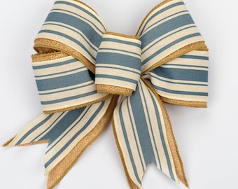 Rustic Blue Striped Bow | Farmhouse Wreath Bow | Burlap Door Decor | French Country Style Bow | Cottagecore Ribbon Accent | Vintage Look Bow